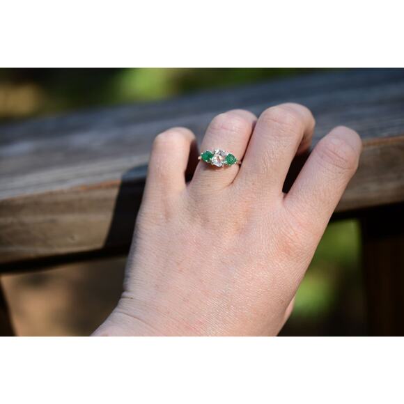 Natural Emerald and Herkimer Diamond Ring, Raw Stone Ring, Unique Engagement - Picture 2 of 10